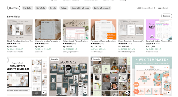 tampilan halaman etsy menunjukkan hasil pencarian template