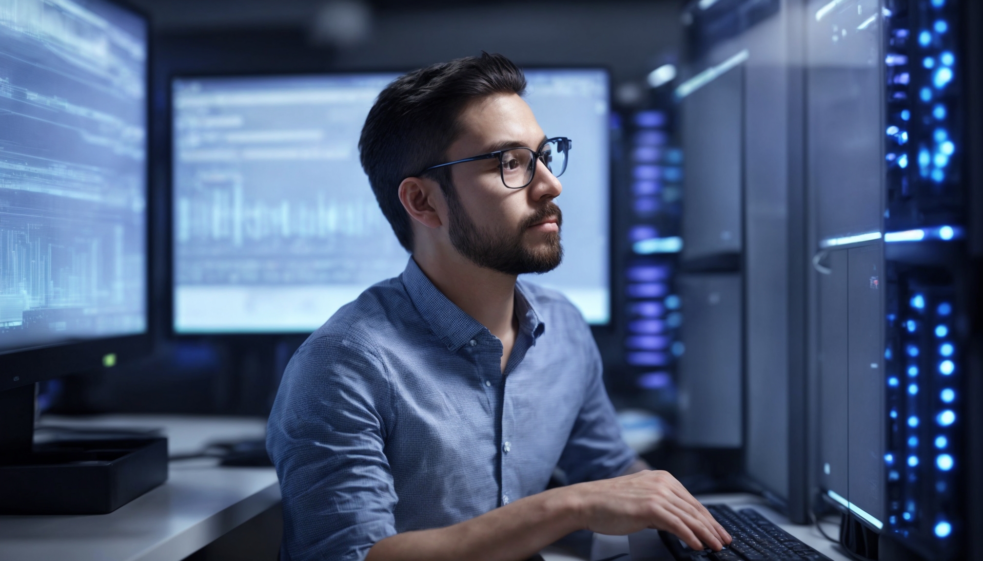 Teknisi IT memantau performa server cloud hosting melalui dashboard monitoring real-time