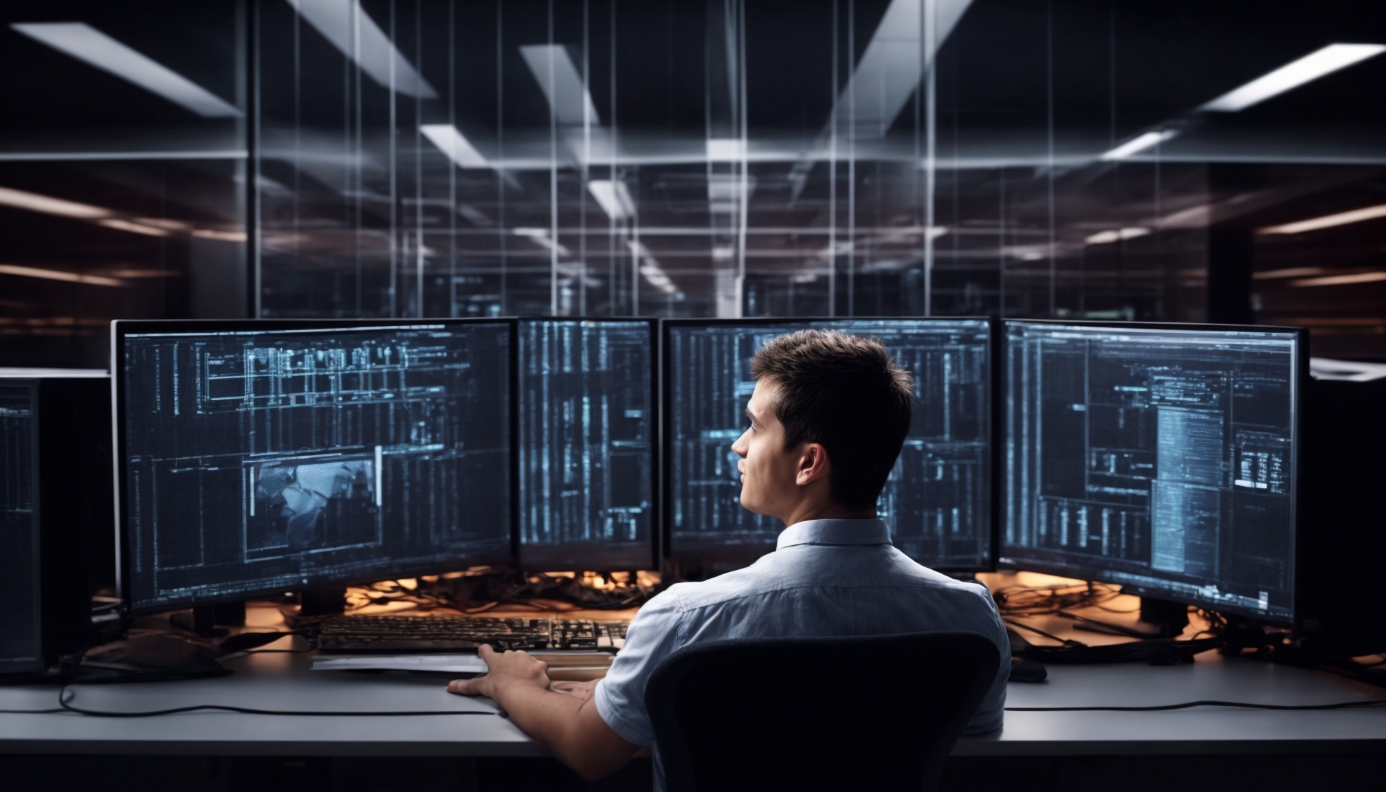 Engineer melakukan optimasi layanan cloud hosting di depan monitor server dashboard