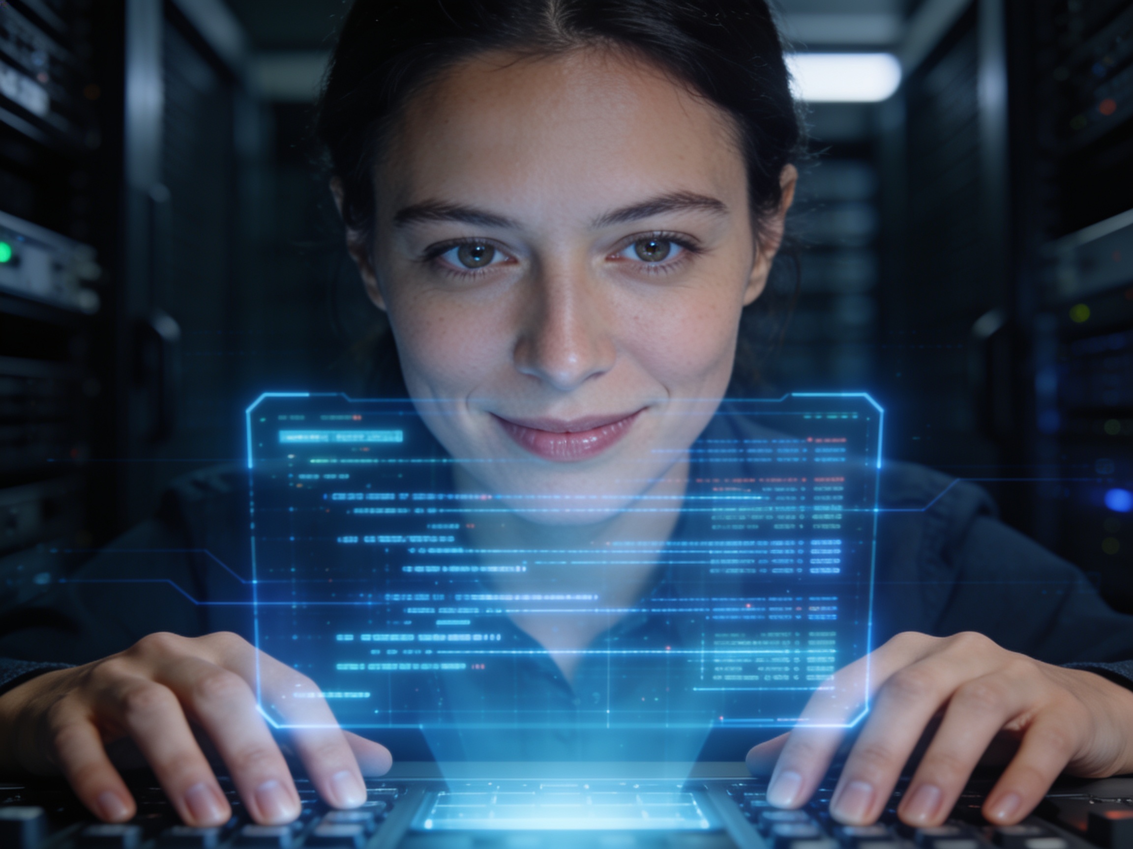 Spesialis keamanan IT menganalisis antarmuka holografik firewall