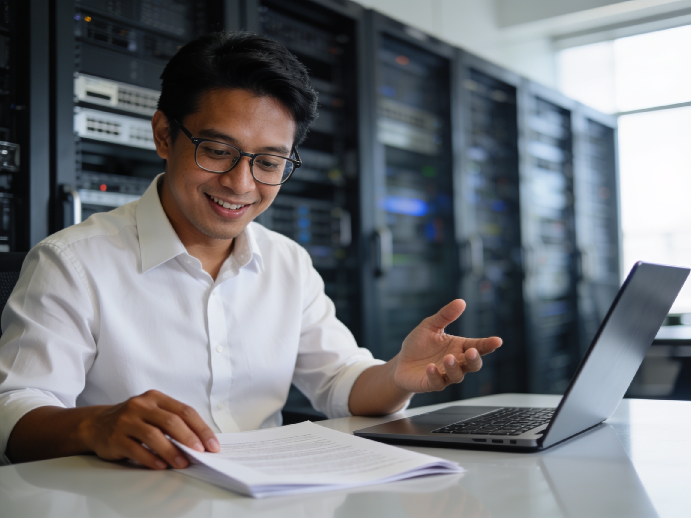 Insinyur IT memeriksa data server untuk menentukan layanan cloud hosting terbaik yang stabil.