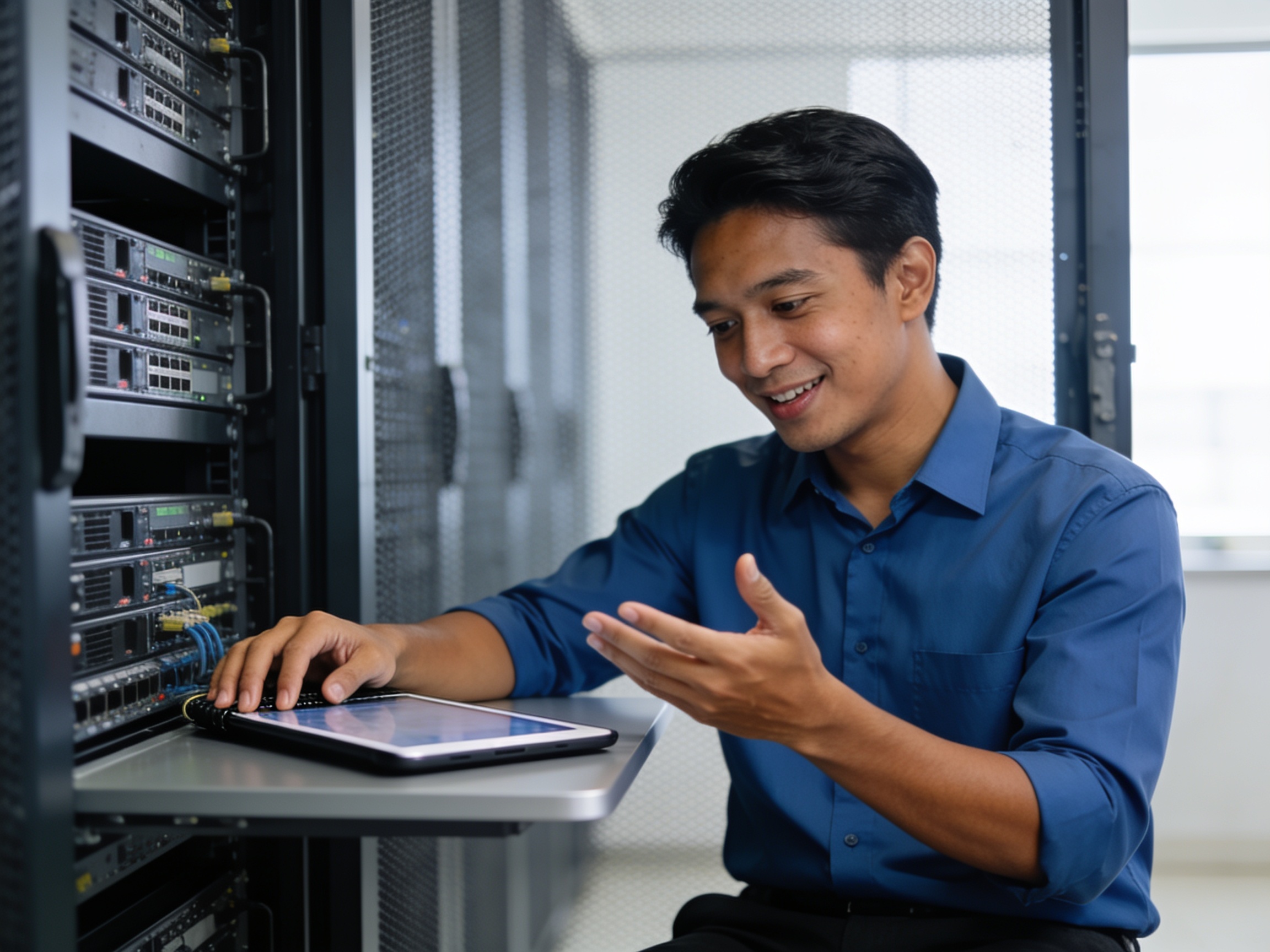 Teknisi Indonesia memeriksa status server untuk memilih cloud hosting aman
