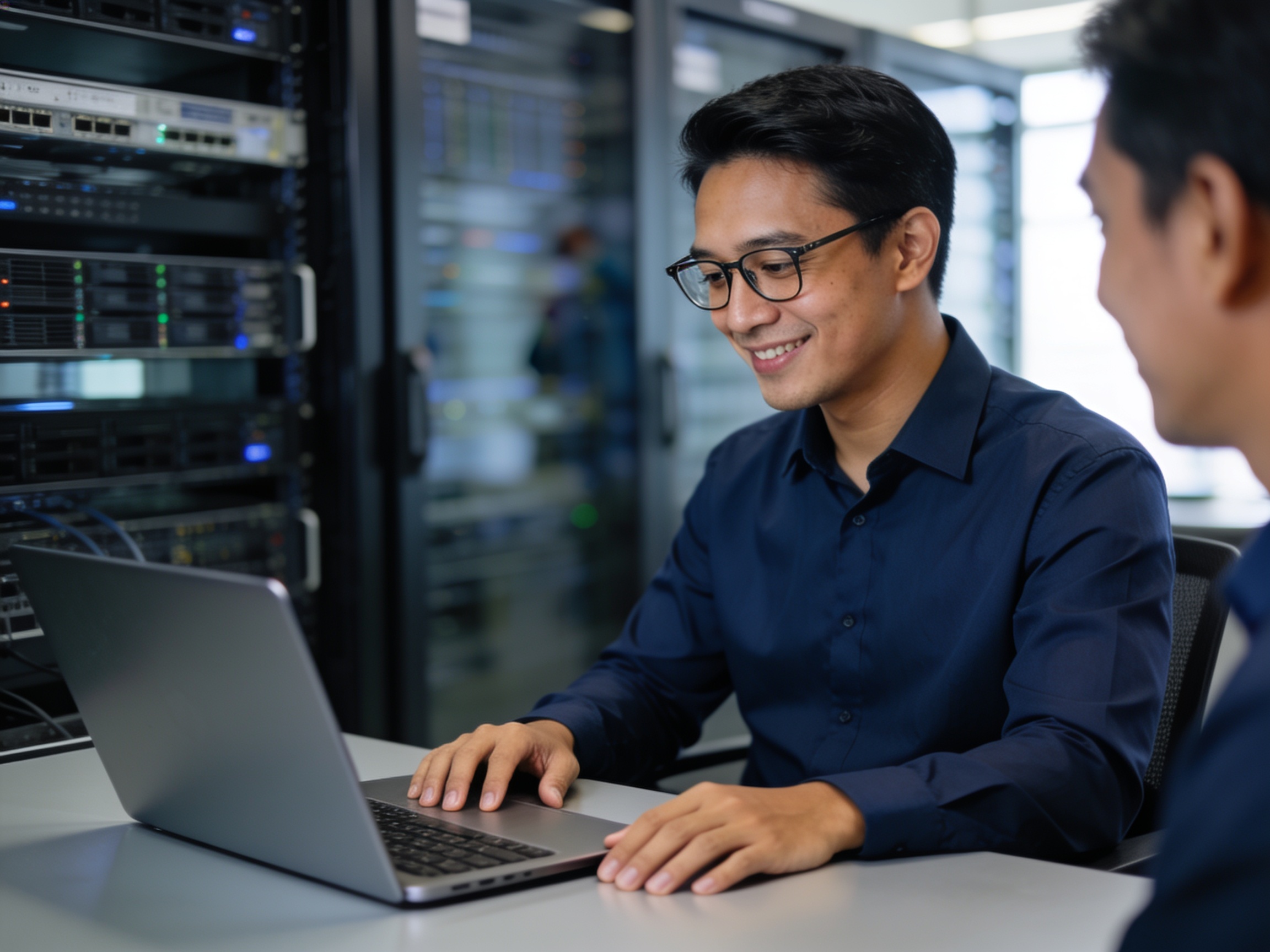 Administrator sistem mengelola konfigurasi untuk optimasi performa cloud hosting di data center modern.