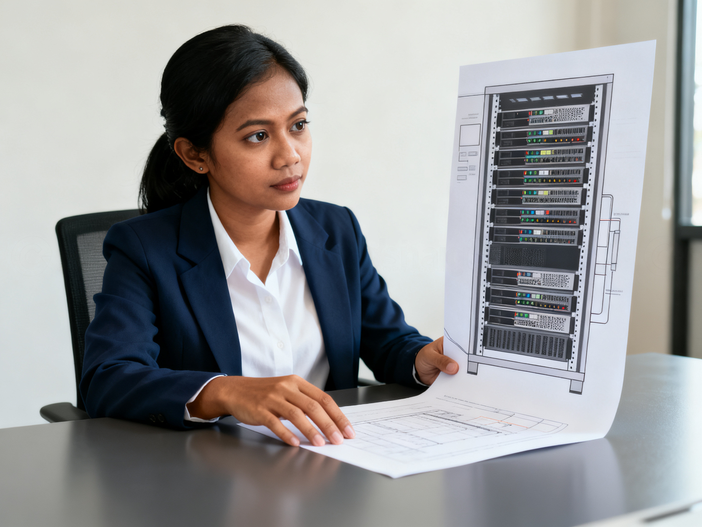 optimasi kecepatan website cloud dengan diagram server rack di meja kantor